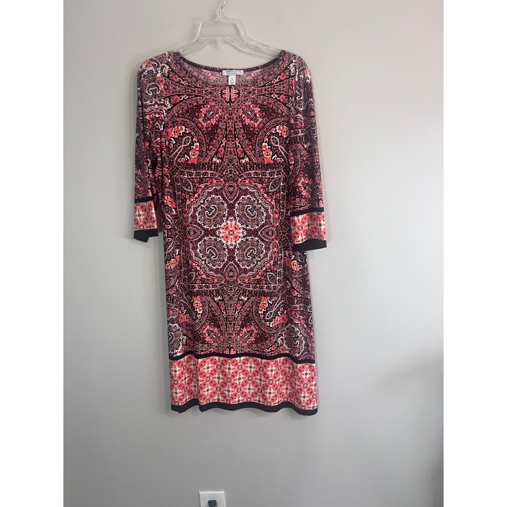 London Style Collection Pink Black Paisley Sheath Dress 3/4 Sleeve Size 12